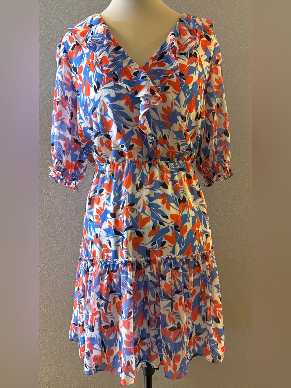 Lauren Ralph Lauren Floral V-Neck Ruffle Crepe Tiered Dress Blue Orange Size 12
